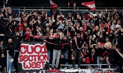 FBL-FRA-LIGUE1-PSG-BREST<br>Brest supporters cheer after the French L1 football match between Paris Saint-Germain (PSG) and Stade Brestois 29 (Brest) at The Stadium in Paris on January 28, 2024. (Photo by Miguel MEDINA / AFP) (Photo by MIGUEL MEDINA/AFP via Getty Images)