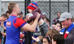 Son of the Scray: Western Bulldogs star Jake Stringer makes the day of a young Doggies supporter in the lead-up to AFL preliminary final weekend.