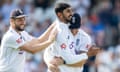 Shoaib Bashir of England celebrates taking one of five wickets.