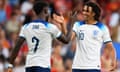 FBL-EURO-2024-QUALIFIER-ENG-MKD<br>England's midfielder Bukayo Saka (L) celebrates with England's defender Trent Alexander-Arnold (R) after scoring their fourth goal during the UEFA Euro 2024 group C qualification football match between England and North Macedonia at Old Trafford in Manchester, north west England, on June 19, 2023. (Photo by Oli SCARFF / AFP) / NOT FOR MARKETING OR ADVERTISING USE / RESTRICTED TO EDITORIAL USE (Photo by OLI SCARFF/AFP via Getty Images)