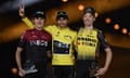 Colombia’s Egan Bernal (centre) celebrates his Tour de France triumph on the podium with second-placed Geraint Thomas (left) and third-placed Steven Kruijswijk.