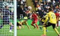 Mohamed Salah starts to smile as his shot flies past Ben Foster in Watford’s goal to make it 4-0 to Liverpool