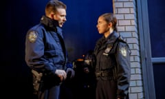 Chris Evans and Bel Powley in Lobby Hero.