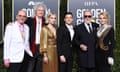 US-ENTERTAINMENT-FILM-TELEVISION-GOLDEN-GLOBES-ARRIVALS<br>(FromL) British producer Jim Beach, Brian May of Queen, actress Lucy Boynton, actor Rami Malek, Roger Taylor of Queen and his wife Sarina Potgieter  arrive for the 76th annual Golden Globe Awards on January 6, 2019, at the Beverly Hilton hotel in Beverly Hills, California. (Photo by VALERIE MACON / AFP)VALERIE MACON/AFP/Getty Images