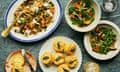 P-pick up a pumpkin (clockwise from top left): Ravinder Bhogal's pumpkin pilaf with labneh, seeds and brown butter; pumpkin, kale and spelt broth; and comté, sage and pumpkin scones.