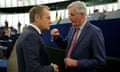 The EU’s chief Brexit negotiator, Michel Barnier, right, talks with Donald Tusk, the president of the European council.