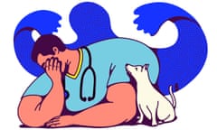 Illustration showing an overworked, stressed veterinary nurse next to a dog