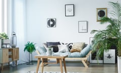 Room with wooden rustic furniture<br>Scandi carpet in classic living room with plants, posters and wooden rustic furniture