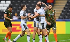 Rohan Janse van Rensburg celebrates scoring a try for Sale during their win