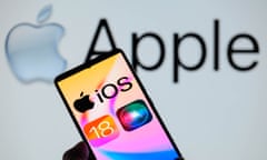 The Apple iOS 18 logo and Siri AI icon are displayed on a smartphone screen, seen against a pale grey background with the Apple logo