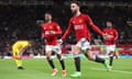 Bruno Fernandes of Manchester United celebrates scoring his team's third goal against Sheffield United.