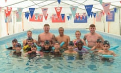 Speedo Swim United ambassadors (back L-R) Anna Hopkin, Adam Peaty, Michael Gunning, Ellie Simmonds and Matt Richards launching the pop-up pool programme with children at Shireland Hall primary school in Smethwick.