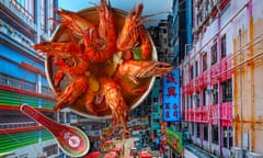 Shanghai shrimps in ginger in a bowl with Hong Kong street in the background