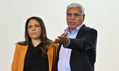 Country Liberal party senator Jacinta Nampijinpa Price and Warren Mundine with 22 Indigenous community leaders before a press conference at Parliament House in Canberra in March