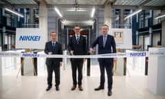 FT editor Lionel Barber (right) with Nikkei’s Hirotomo Nomura (left) and the FT chief executive, John Ridding at the opening of Bracken House in January 2019