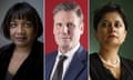 Diane Abbott, Keir Starmer and Shami Chakrabarti composite