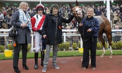 Jessica Harrington (left), Barry Geraghty and Ronnie Wood with Sandymount Duke after finishing third at Cheltenham in October 2015.