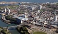 aerial view of Sunderland city centre with the River Wear and Wearmouth Bridge in the foreground<br>E6P7EH aerial view of Sunderland city centre with the River Wear and Wearmouth Bridge in the foreground