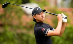 Min Woo Lee watches his tee shot on the second hole during the second round of the U.S. Open golf tournament at Los Angeles Country Club on Friday, June 16, 2023, in Los Angeles. (AP Photo/Lindsey Wasson)