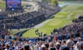 Rory McIlroy is introduced to the crowd on the 1st tee during his singles match versus Justin Thomas 