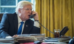 Trump And Putin Have First Official Phone Conversation<br>President Donald Trump speaks with President of Russia, Vladimir Putin on the telephone in the Oval Office on January 28, 2017 in Washington, DC, The call was one of five calls with foreign leaders scheduled for Saturday. PHOTOGRAPH BY UPI / Barcroft Images London-T:+44 207 033 1031 E:hello@barcroftmedia.com - New York-T:+1 212 796 2458 E:hello@barcroftusa.com - New Delhi-T:+91 11 4053 2429 E:hello@barcroftindia.com www.barcroftimages.com