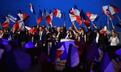 Marine Le Pen thanks her supporters during an election rally on 1 May in Villepinte.