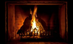 Fireplace, featuring two big logs on grate, burning hot.