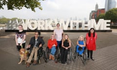 #WorkWithMe project<br>EMBARGOED 0001 THURSDAY SEPTEMBER 28 EDITORIAL USE ONLY Campaigners (left to right) Lauren Pitt, Visual Impairment, Josh Dennis, Cerebal Palsy, Julie Fernandez, Osteogenesis Imperfecta, Michelle Ornstein, Learning disability, Abbi Brown, Osteogenesis imperfecta and hearing impairment, Sam Renke, Osteogenesis Imperfecta, and Nusrat Patel, DownÕs Syndrome, launch the #WorkWithMe project with disability charity Scope and Virgin Media, on LondonÕs Southbank. PRESS ASSOCIATION. Issue date: Thursday September 28, 2017. The flagship campaign aims to support one million disabled people into work by 2020, with the launch of a new digital employment support service for disabled people, funded by Virgin Media. Photo credit should read: Matt Alexander/PA Wire