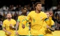 Kusini Yengi of Australia celebrates after scoring a penalty during the Men’s World Cup Qualifier between Australia and Palestine at HBF Park in Perth, Tuesday, June 11, 2024. (AAP Image/Richard Wainwright) NO ARCHIVING, EDITORIAL USE ONLY