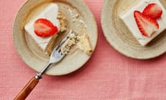 Ravneet Gill's tres leches cake is split into four servings and has strawberries on top of them all.