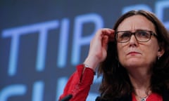 European commissioner for trade Cecilia Malmstrom speaks about the EU proposal on sustainable development in the negotiations for the TTIP in Brussels on 6 November