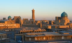 View from the Ark Fortress of the historic centre with the Mir-i-Arab Madrasah and the Kalon Mosque, Bukhara, Uzbekistan