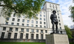 A statue to Field Marshall Alan Brooke outside MoD HQ, which is a monolithic office building in white Portland stone