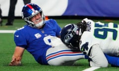 NFL: Seattle Seahawks at New York Giants<br>Oct 2, 2023; East Rutherford, New Jersey, USA; Seattle Seahawks defensive tackle Myles Adams (95) sacks New York Giants quarterback Daniel Jones (8) in the second half at MetLife Stadium. Mandatory Credit: Robert Deutsch-USA TODAY Sports