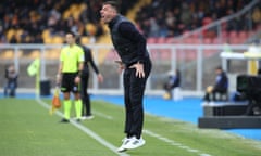 Lecce's coach Roberto D'Aversa yells at his players during Sunday’s 1-0 defeat