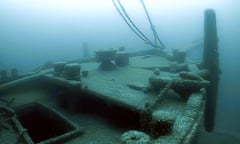 In this image taken from video provided by the Thunder Bay National Marine Sanctuary, the bow of the Ironton is seen in Lake Huron off Michigan's east coast in a June 2021 photo. Searchers have found the long-lost Great Lakes ship that came to a tragic end. Officials with the sanctuary in Alpena, Mich,, say they've located the Ironton, a freight schooner that plunged to the bottom of Lake Huron in 1894. The Ironton collided with another vessel in rough seas. Reports at the time said the seven-member crew scrambled into a lifeboat but it was tethered to the ship and pulled down. Five crewmen died. (Thunder Bay National Marine Sanctuary via AP)