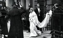 Lady Elizabeth Bowes-Lyon leaving her London home in her wedding dress, 26 April 1923