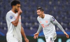 Robert Lewandowski celebrates one of his two goals during Bayern Munich’s 6-2 win over RB Salzburg.