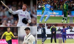 Clockwise from top left: Jonny Bairstow at Trent Bridge; the thrilling India v Pakistan finish; Charlie Dean is Mankadded; New Zealand’s Trent Boult; and Nathan Ellis of Hampshire celebrates T20 Blast final glory.