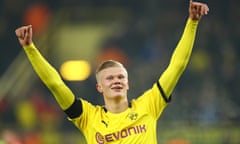 Borussia Dortmund v 1. FC Koeln - Bundesliga<br>DORTMUND, GERMANY - JANUARY 24: Erling Haaland of Borussia Dortmund celebrates after he scores his sides 5th goal and his 2nd of the game during the Bundesliga match between Borussia Dortmund and 1. FC Koeln at Signal Iduna Park on January 24, 2020 in Dortmund, Germany. (Photo by Dean Mouhtaropoulos/Bongarts/Getty Images)