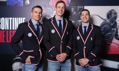 Jimmer Fredette (left) alongside his USA 3x3 teammates, Kareem Maddox, Canyon Barry, and Dylan Travis