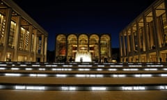 Lincoln Center for the Performing Arts Grand Stair, newly rebuilt with LED lights, glows Welcome in multiple languages as the re-designed water fountain is lit on the plaza Thursday, May 20, 2010, in New York. The buildings around the plaza are the David H. Koch Theater, left, the Metropolitan Opera House, center, and Avery Fisher Hall, right. (AP Photo/Henny Ray Abrams)