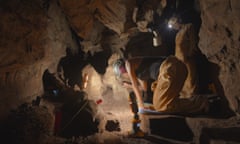 Paleoanthropologist Lee Berger in the Rising Star caves in South Africa