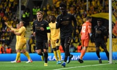 Bukayo Saka celebrates after scoring the only goal of the game.