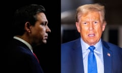 a side-by-side image of Ron DeSantis and Donald Trump