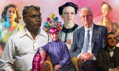 Composite (L-R) of Wendy Sharpe’s Self-portrait with ghosts, William Dargie’s Portrait of Albert Namatjira, Nora Heysen’s Mme Elink Schuurman, Andrea Huelin’s Clown jewels, Robert Hannaford’s Michael Chaney, WB McInnes’s H Desbrowe Annear and William Dobell’s Joshua Smith