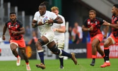 Maro Itoje runs with the ball during England's World Cup quarter-final victory against Fiji.
