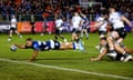 Bath Rugby v Bristol Bears - Gallagher Premiership - The Recreation Ground<br>Bath Rugby's Ollie Lawrence scores his side's first try of the game during the Gallagher Premiership match at The Recreation Ground, Bath. Picture date: Friday November 17, 2023. PA Photo. See PA story RUGBYU Bath. Photo credit should read: Nigel French/PA Wire. RESTRICTIONS: Use subject to restrictions. Editorial use only, no commercial use without prior consent from rights holder.