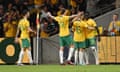 Australia’s Garang Kuol celebrates after scoring the Socceroos’ third against Ecuador in the international friendly at CommBank Stadium in Parramatta.
