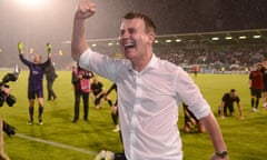 UEFA Champions League Third Qualifying Round Second Leg, Tallaght Stadium, Dublin, Dundalk vs BATE Borisov - 2 Aug 2016<br>Mandatory Credit: Photo by Ciaran Culligan/INPHO/REX/Shutterstock (5814557t)
Dundalk?s Manager Stephen Kenny celebrates the win after the game
UEFA Champions League Third Qualifying Round Second Leg, Tallaght Stadium, Dublin, Dundalk vs BATE Borisov - 2 Aug 2016